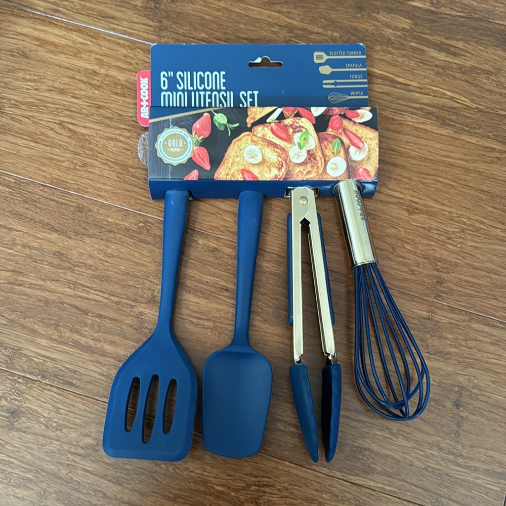 NWT Art & Cook SET 4 Mini Kitchen Cooking Utensils Stainless Steel Blue Silicone